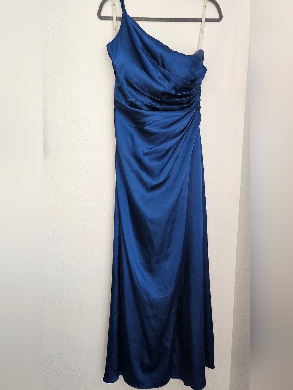 Elegant Royal Blue Satin One-Shoulder Evening Gown. Formal - Wedding- Worn Once